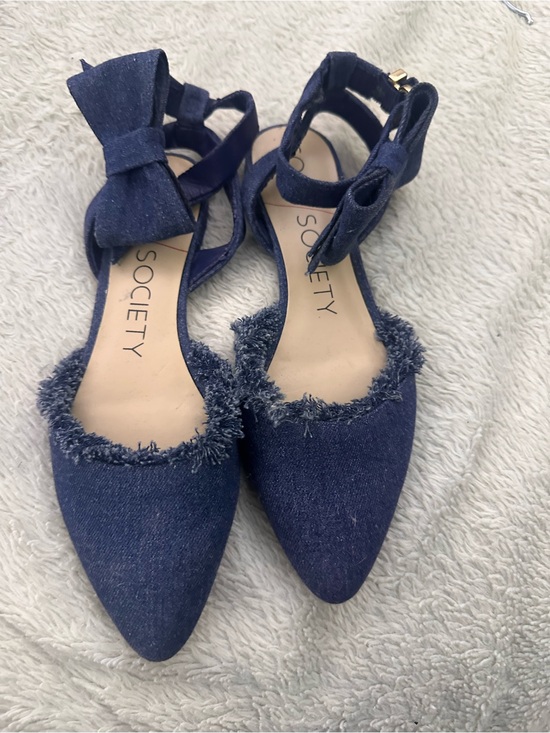 Society Shoes - Sole Society Navy Denim Pointed-Toe Ankle Strap Flats 6 1/2/37